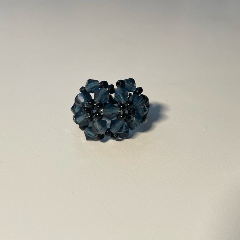 Blue and Black Beaded Flower Ring